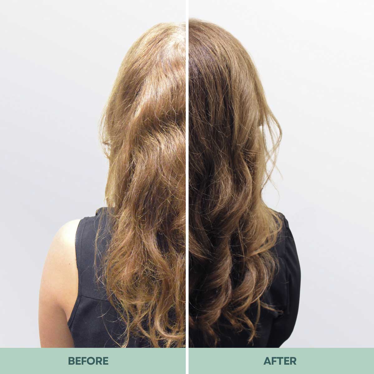 A before and after split image of the back of a woman's hair, showing it go from frizzy to smooth.