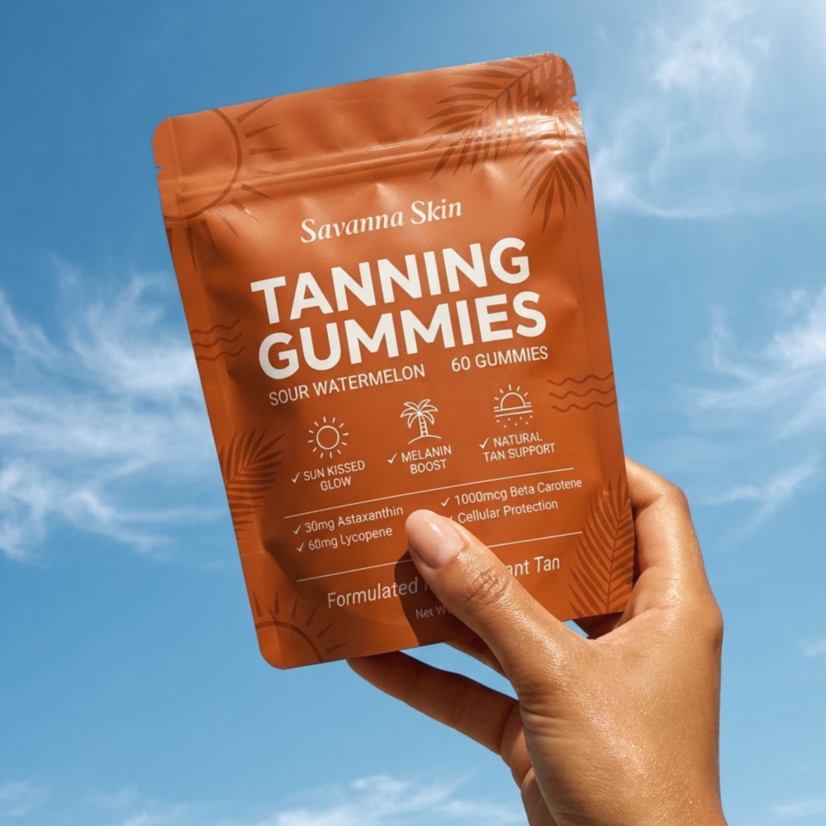 A hand holds a pouch of Savanna Skin Tanning Gummies up against a blue sky.