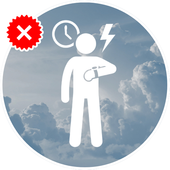 Icon of a person checking a watch with time and lightning bolt symbols, marked with a red X.