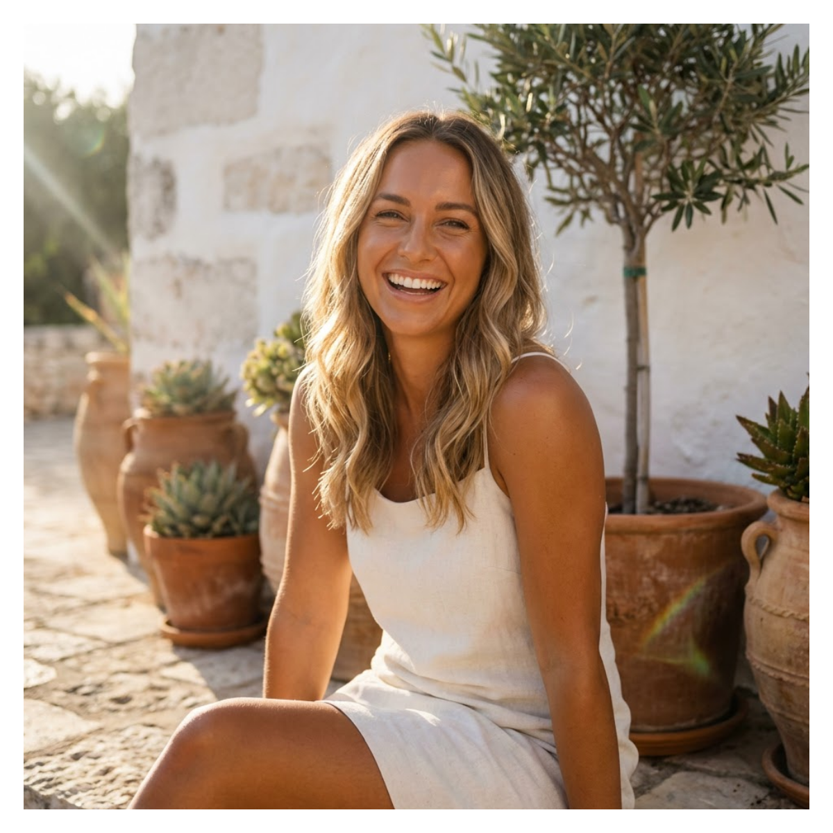 A smiling woman with blonde hair in a white dress sits outside on a stone patio next to potted plants.