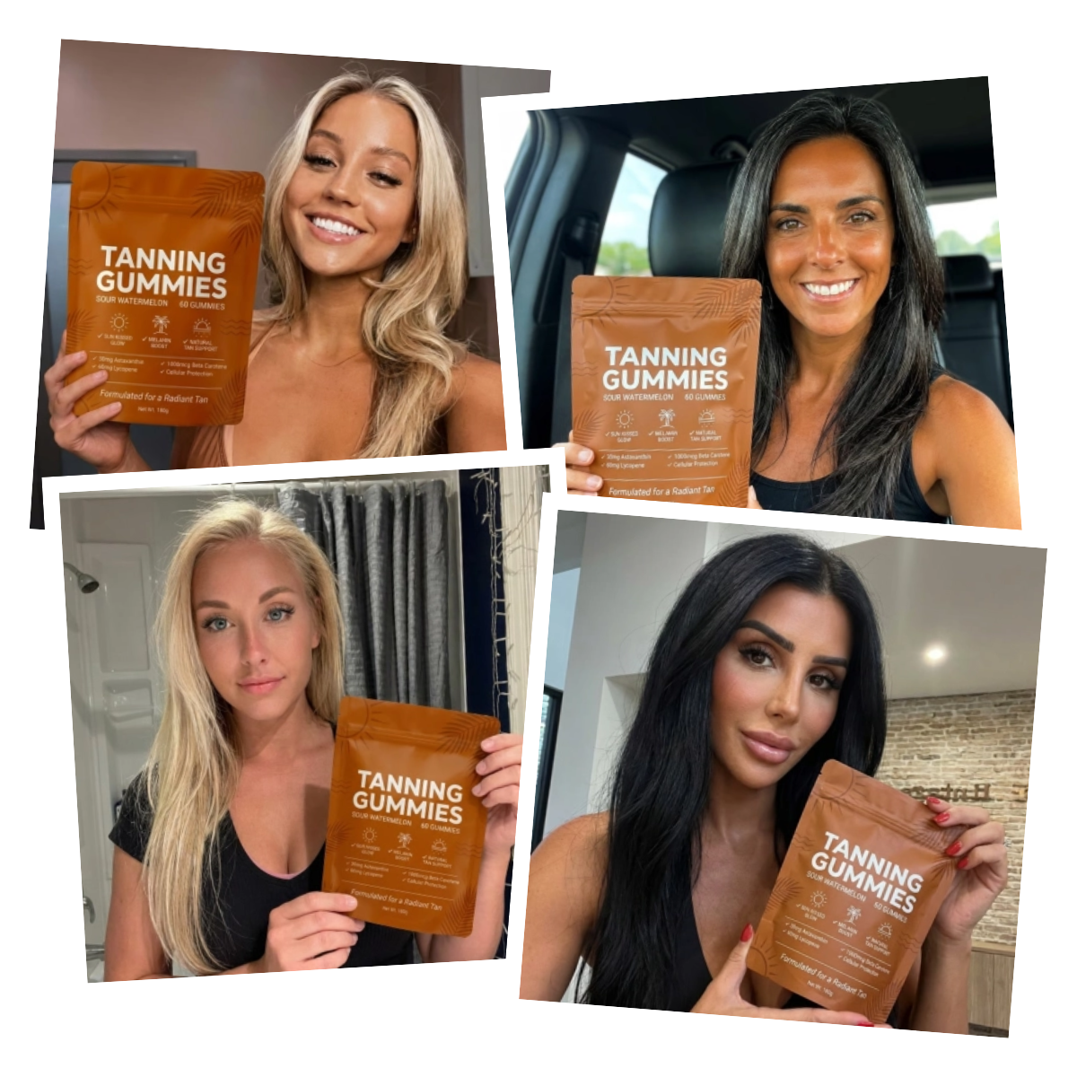 A collage of four photos, each showing a woman holding a pouch of Tanning Gummies.