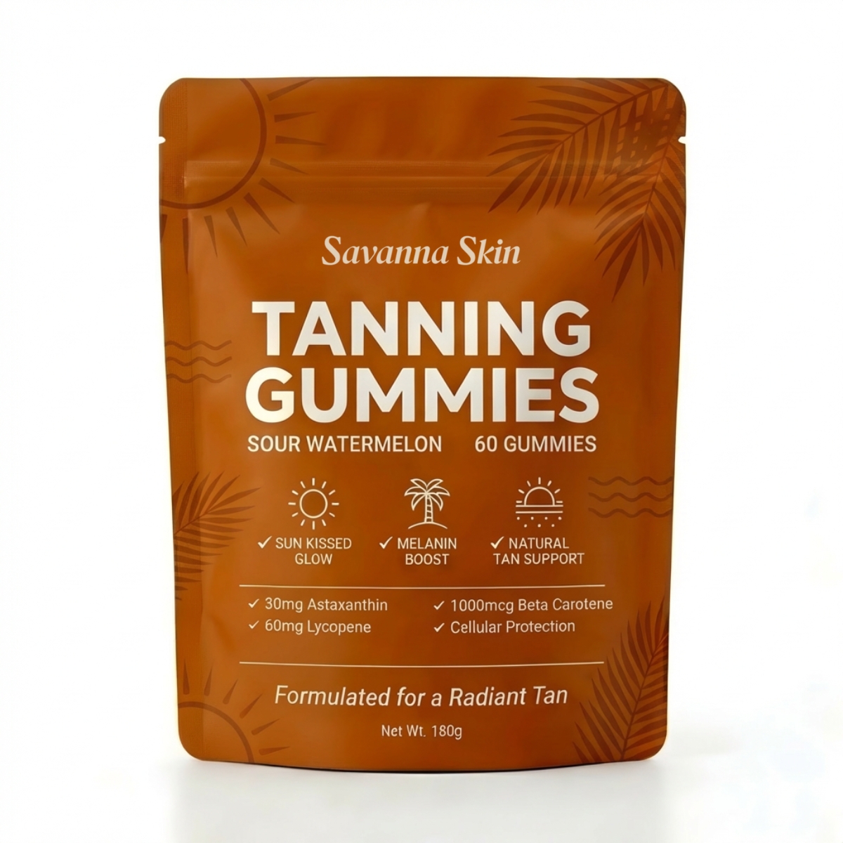 A brown pouch of Savanna Skin Tanning Gummies in sour watermelon flavor against a white background.