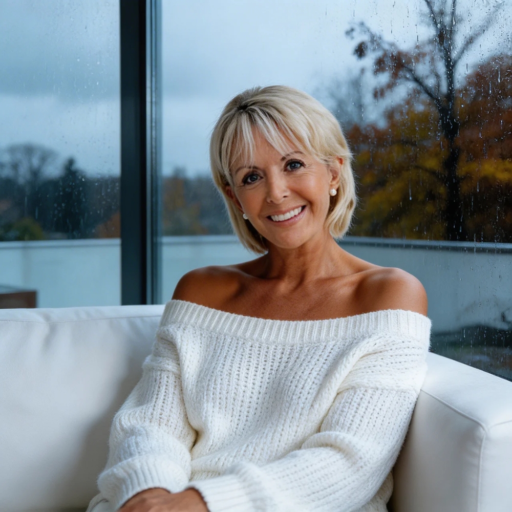 A smiling blonde woman in a white off-the-shoulder sweater sitting on a white couch.