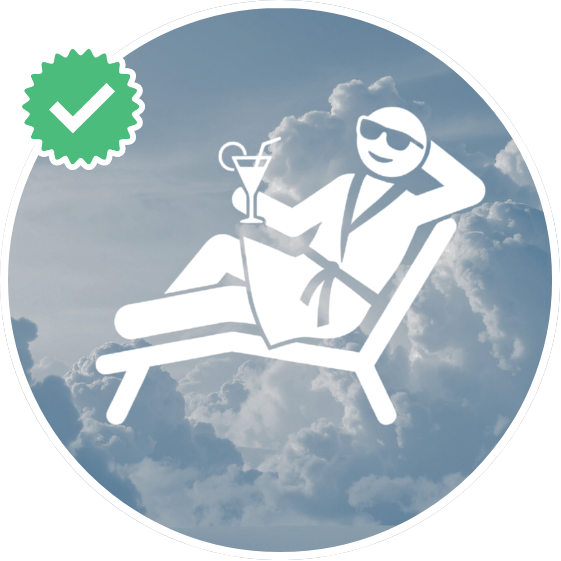 An icon of a person in a robe relaxing on a lounge chair with a drink against a cloudy sky.