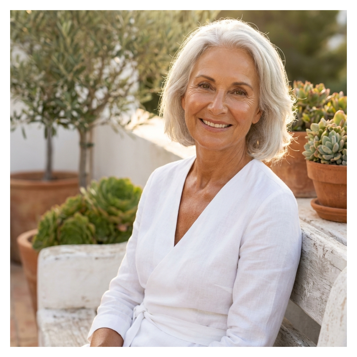 A smiling older woman with short gray hair in a white top sits on a bench outdoors.