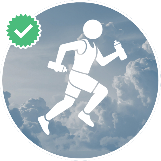 A circular icon of a person running with two water bottles, set against a cloudy sky.