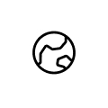 A simple black line icon of the planet Earth on a white background.