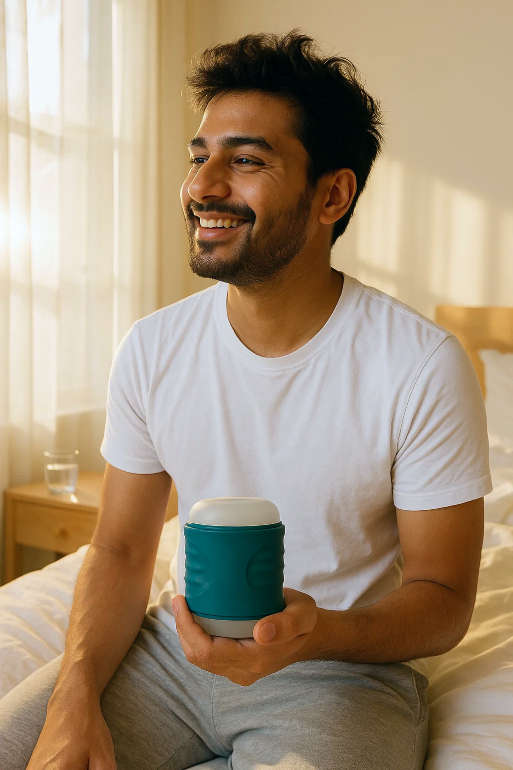 Man sitting on a bed, smiling and holding Edge by MyMuse.