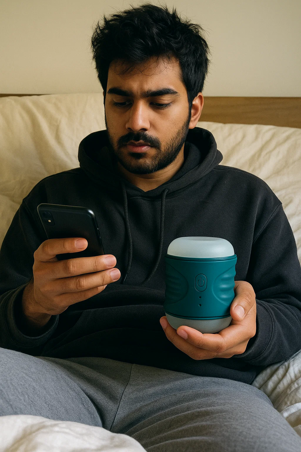 Person sitting on a bed holding a phone and Edge by MyMuse.