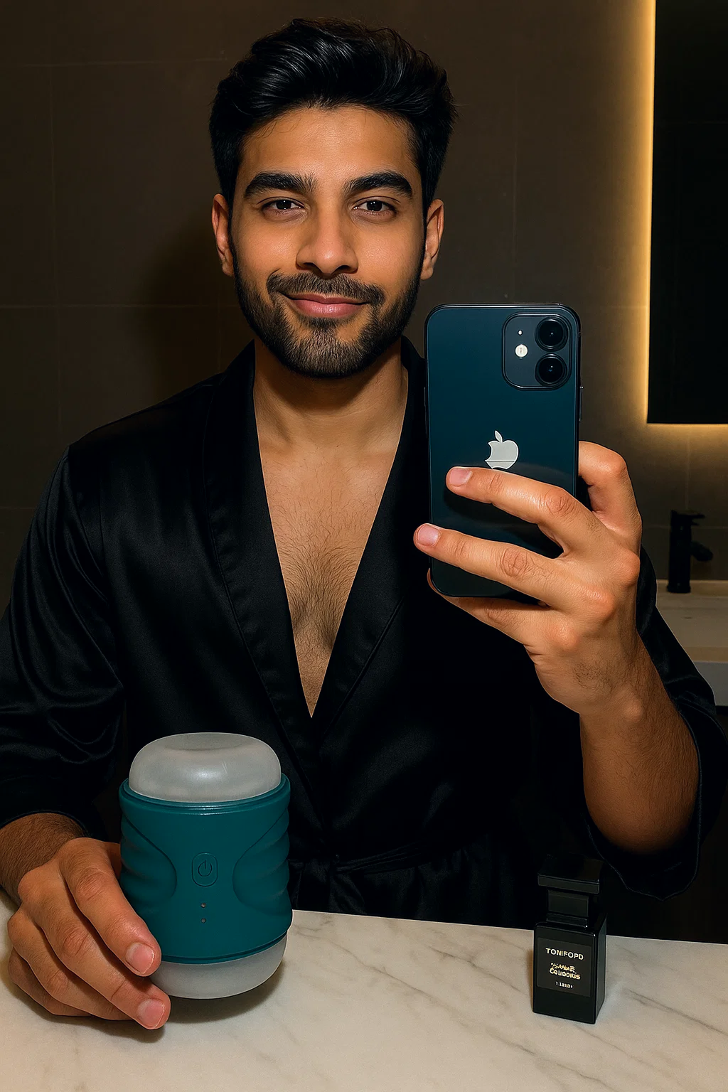 Person in a black robe holding a phone and Edge by MyMuse, with cologne on a counter.
