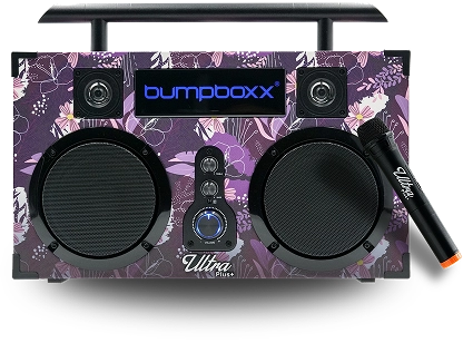 Floral-patterned boombox with two speakers, a digital display, and a microphone.