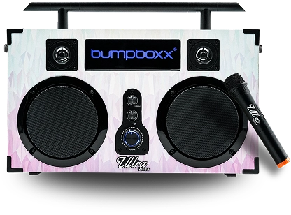 Portable speaker with two large speakers, controls, and a wireless microphone.