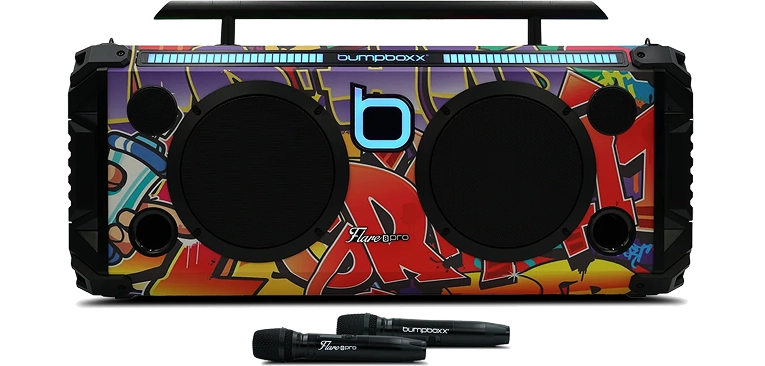 Colorful boombox with graffiti design and two microphones in front.