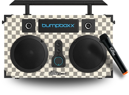 Checkered pattern boombox with two speakers and a microphone.