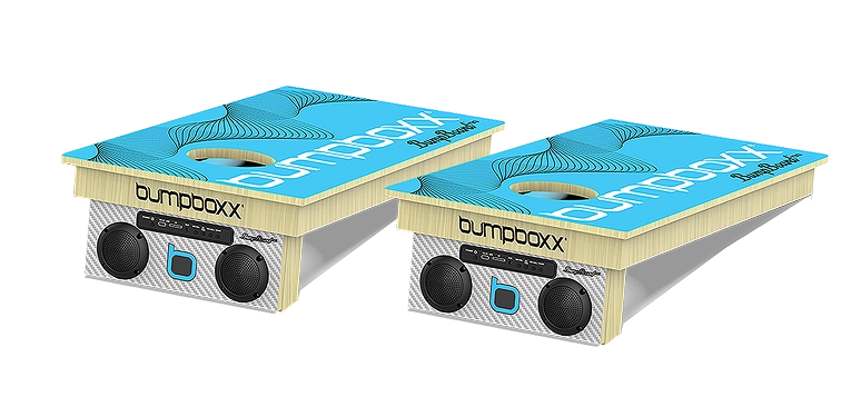 Two blue and wooden cornhole boards with speaker designs on the sides.
