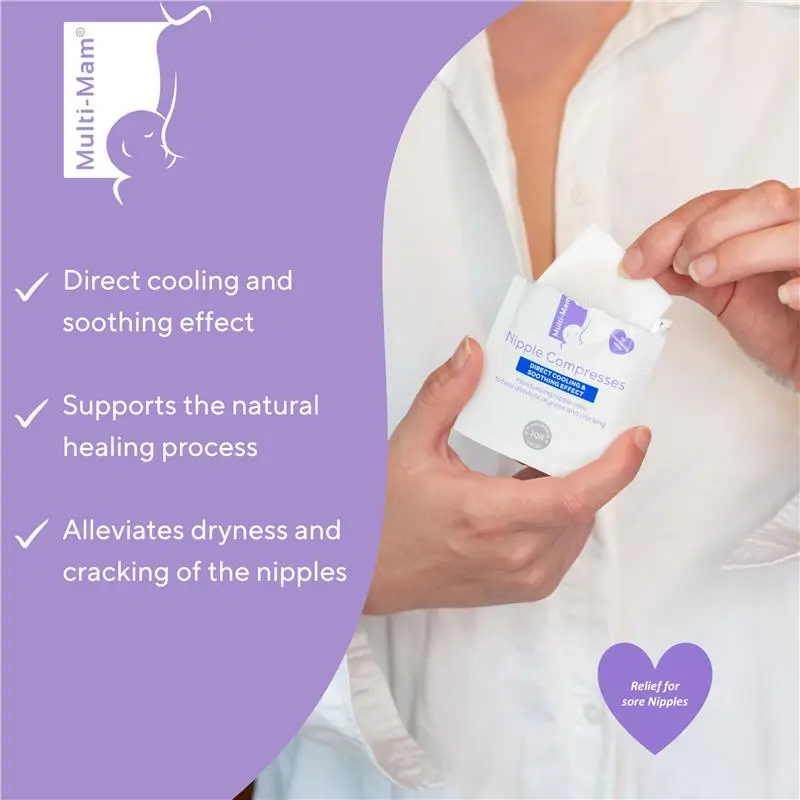 A person holds a packet of Multi-Mam Nipple Compresses, taking one out of the sachet.