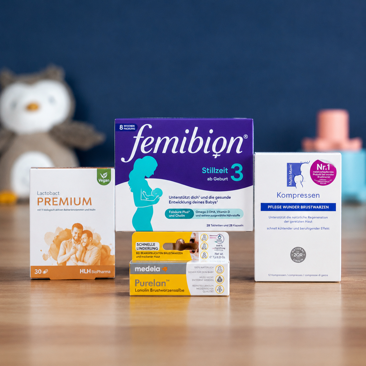 Boxes of Femibion and Folio nausema pregnancy supplements stacked on a wooden counter in a pharmacy.