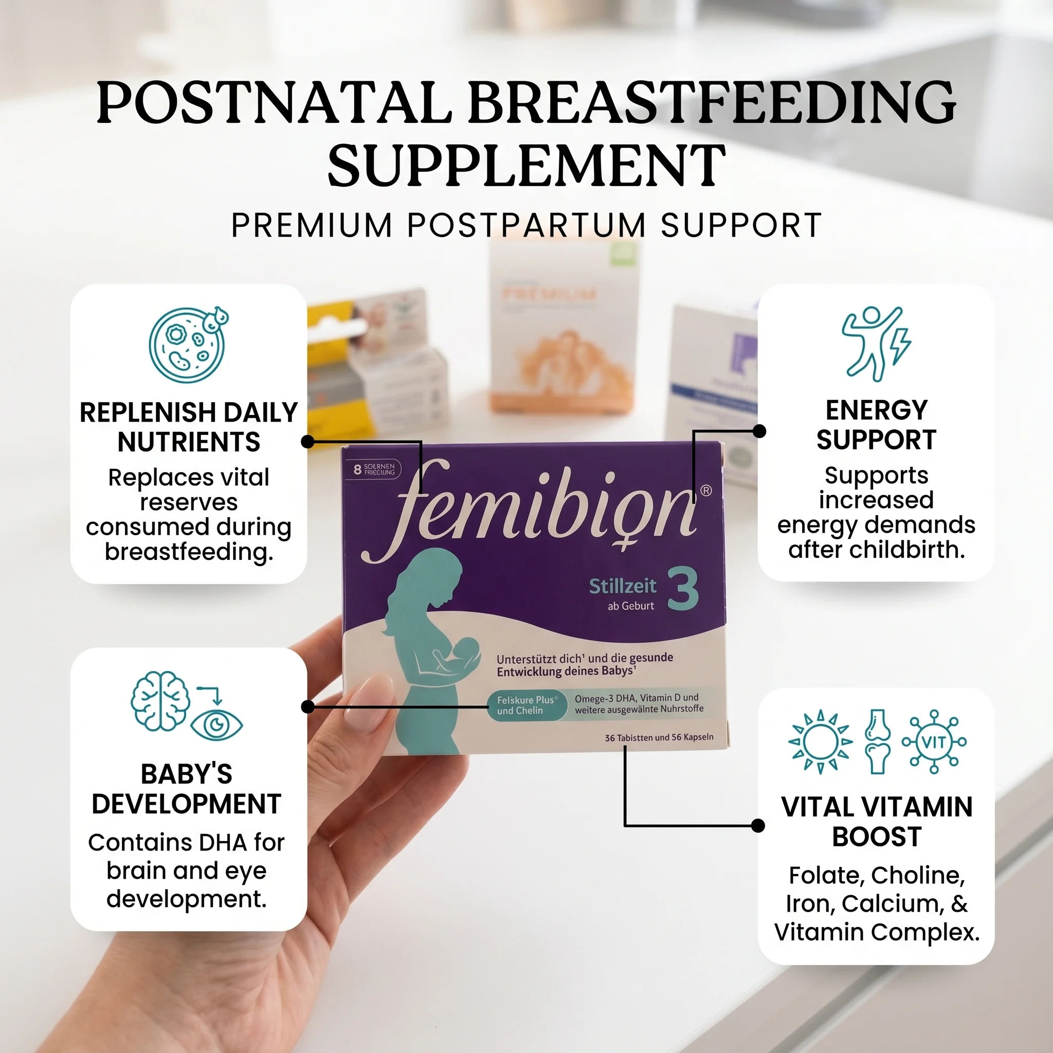 A chart showing three Femibion products for early pregnancy, pregnancy, and breastfeeding stages.