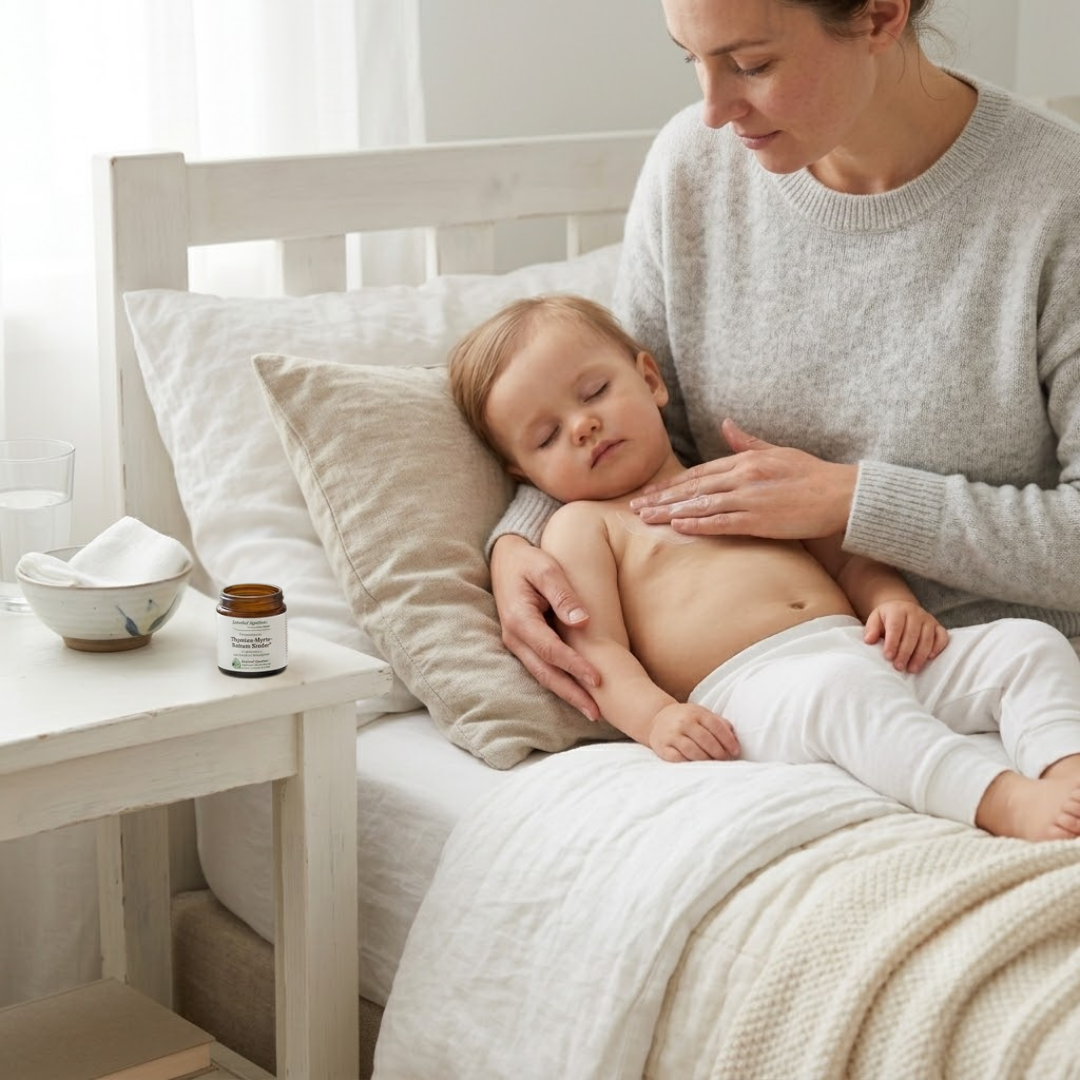 A woman sits in bed and gently rubs a balm onto the chest of a sleeping baby.