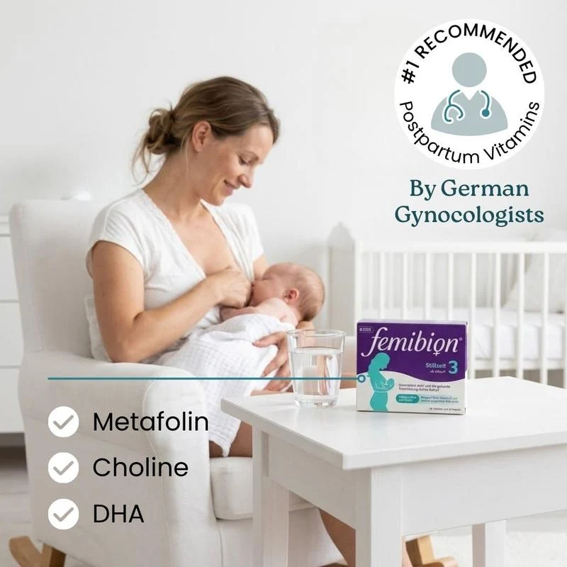A chart showing three Femibion products for early pregnancy, pregnancy, and breastfeeding stages.