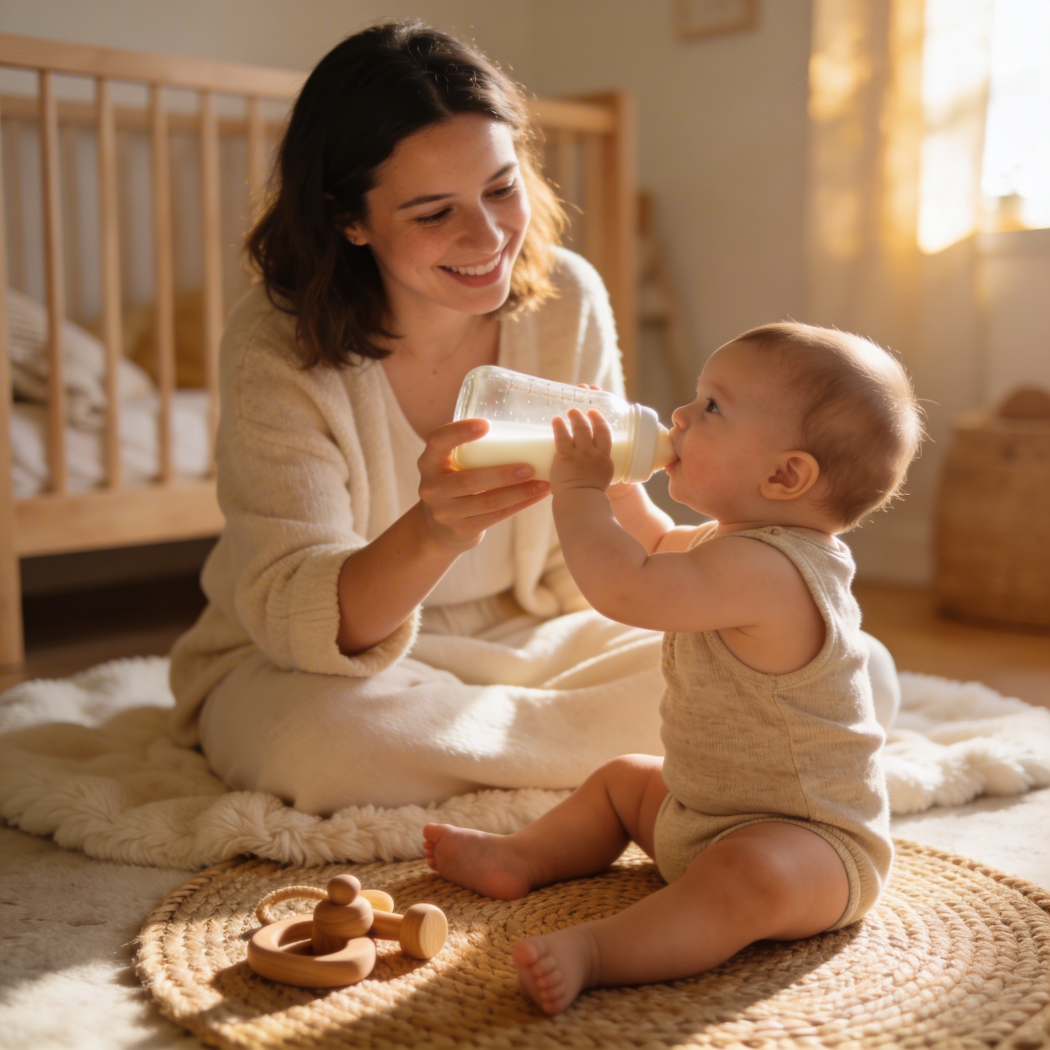 A smiling mother sits on the floor and helps a baby drink from a bottle.