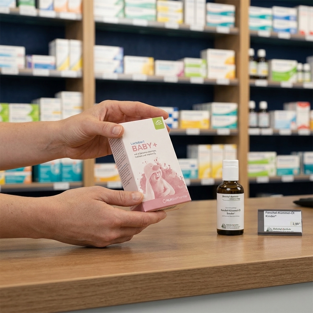 A person's hands holding a box of baby medicine at a pharmacy counter, with shelves of products behind.