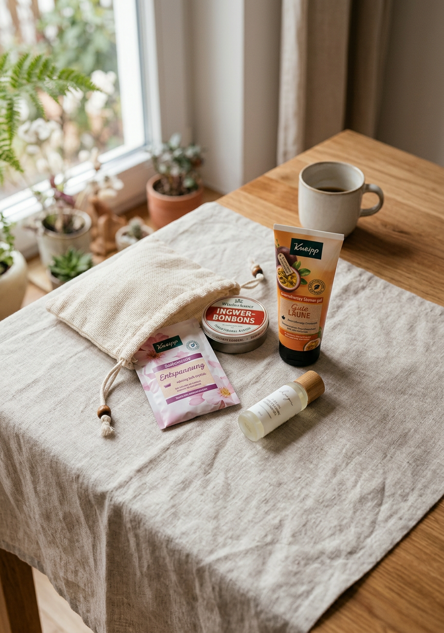 A collection of self-care products from a small bag, next to a coffee mug on a wooden table.