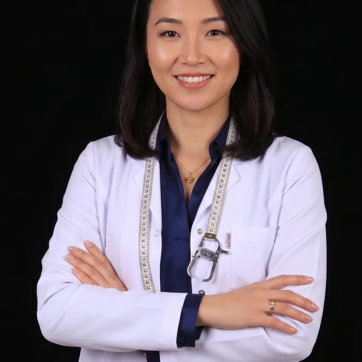 A smiling woman in a white lab coat with a measuring tape around her neck and arms crossed.