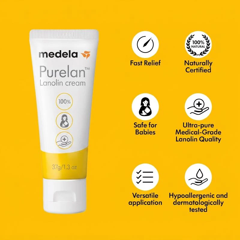 A tube of Medela Purelan Lanolin cream with icons describing its features on a yellow background.