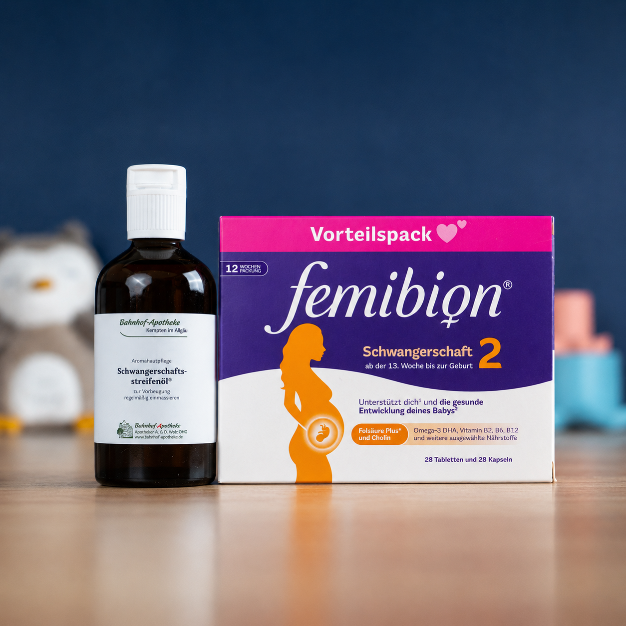 A collection of pregnancy supplements and oils from various German brands arranged on a pharmacy counter.