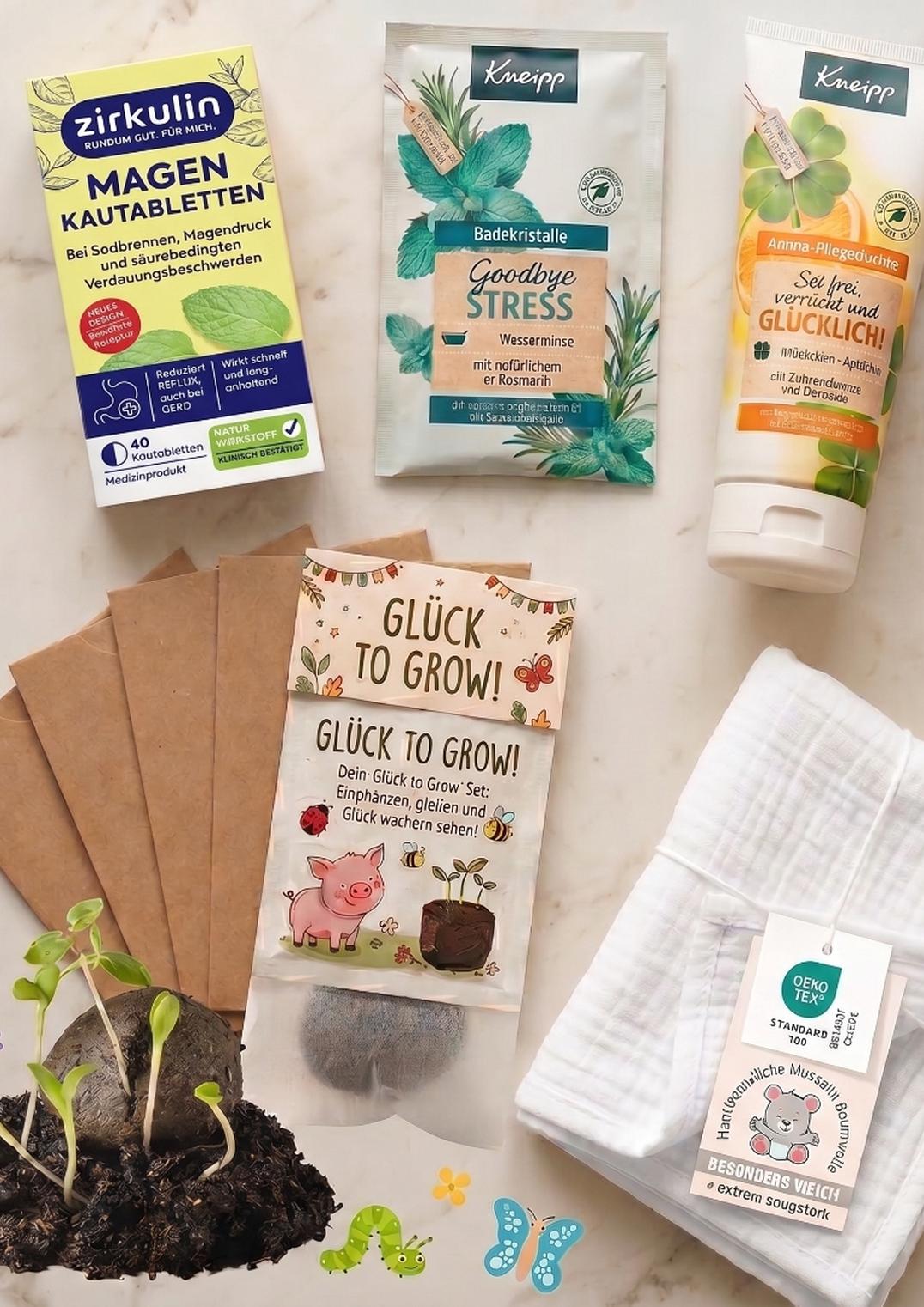 A collection of self-care products from a small bag, next to a coffee mug on a wooden table.
