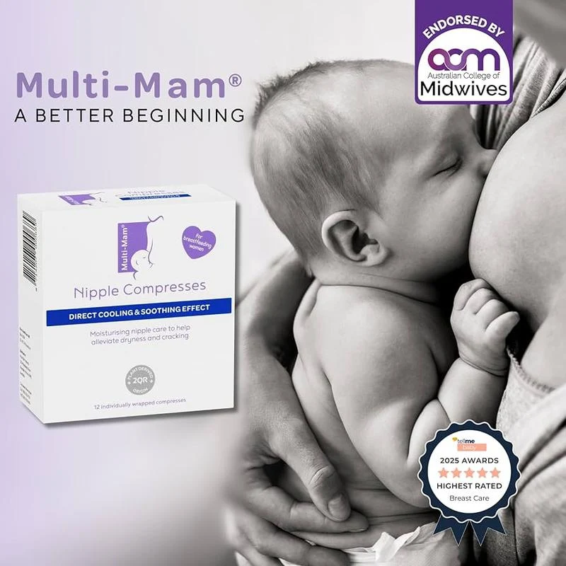 An advertisement shows a baby breastfeeding next to a box of Multi-Mam Nipple Compresses.