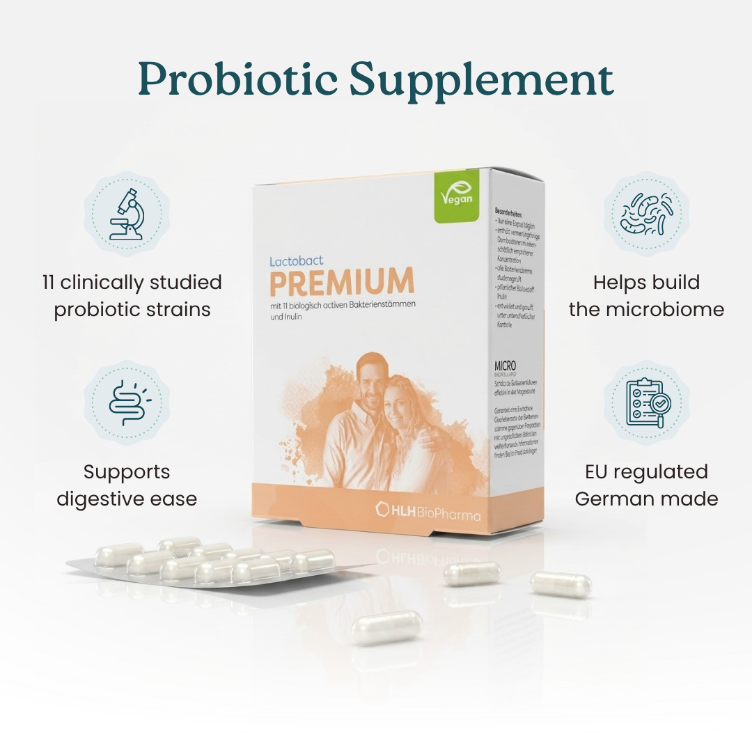 A box of Lactobact PREMIUM probiotic supplement with capsules and text describing its features.