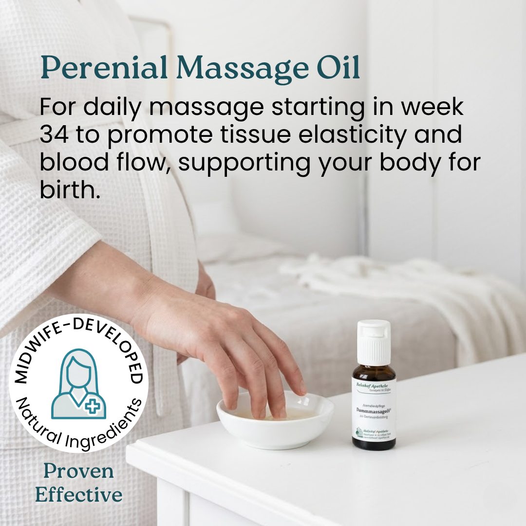 A pregnant person in a robe dips their fingers into a small bowl of perineal massage oil.