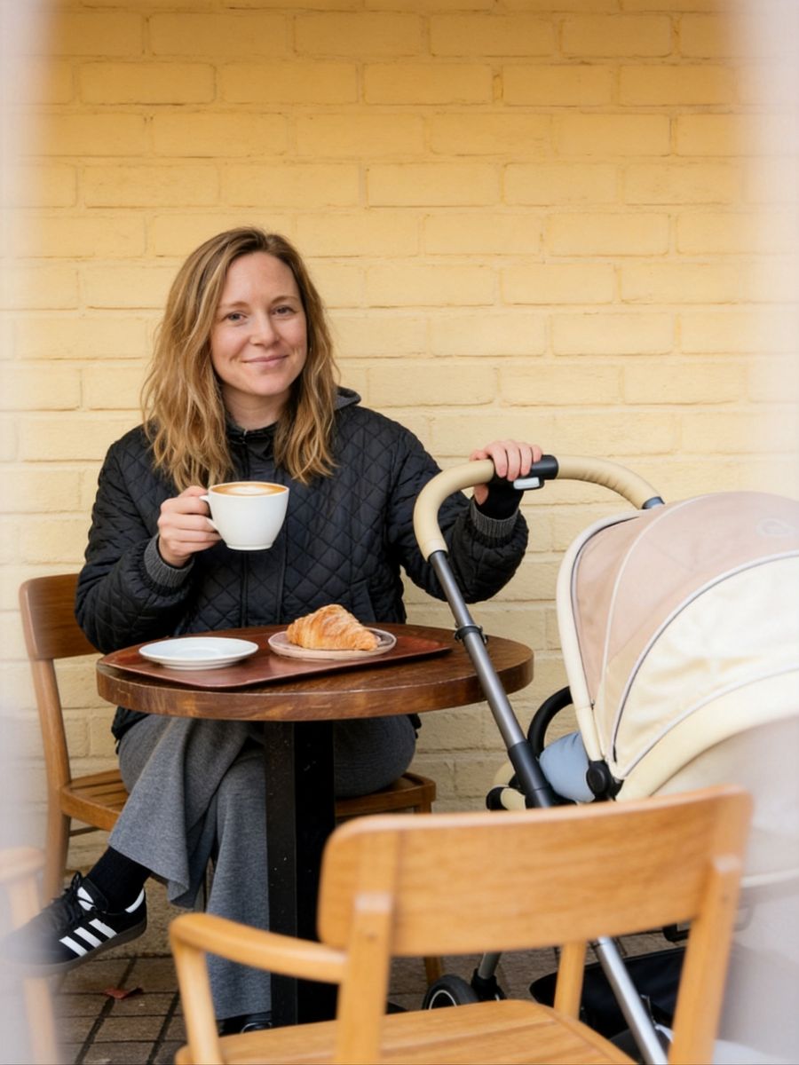 A woman smiles while sitting at a cafe table with a coffee, croissant, and a baby stroller.