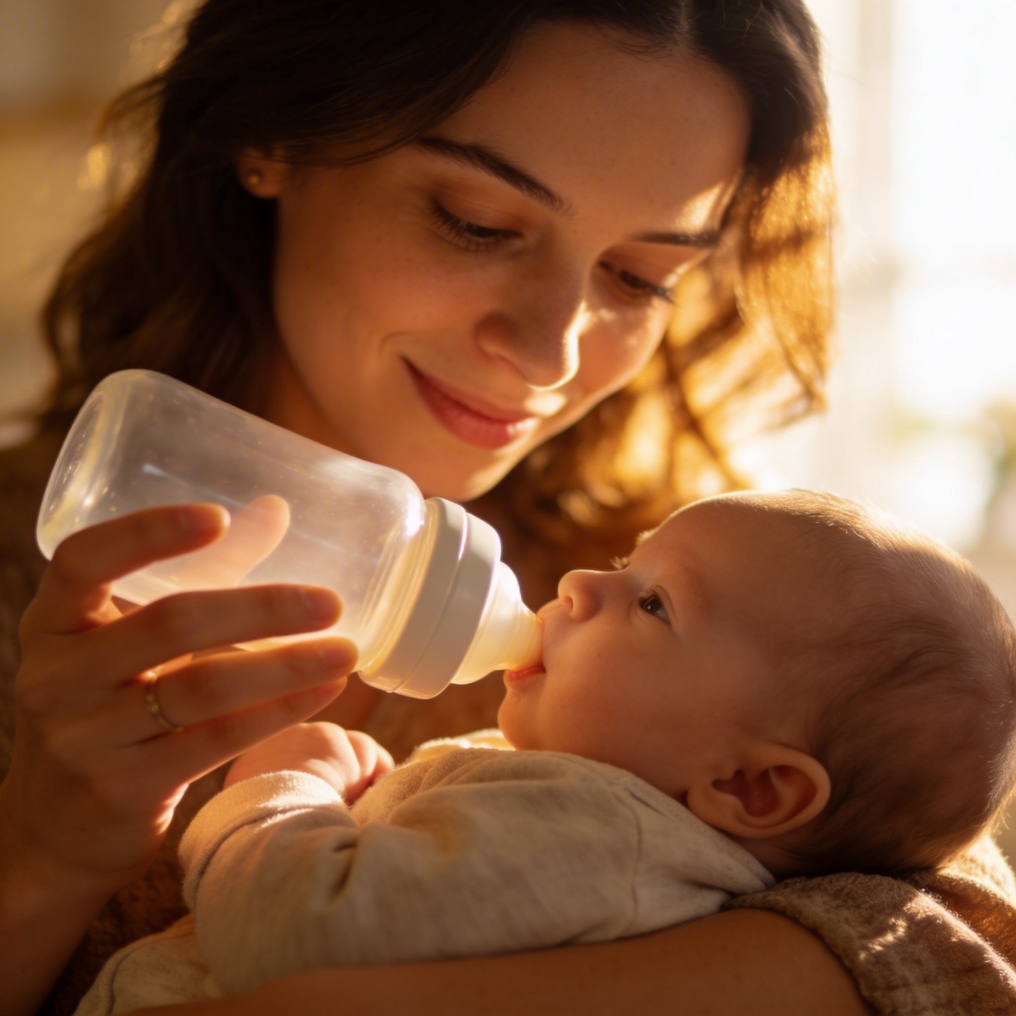 A woman smiles warmly while bottle-feeding a baby in her arms.