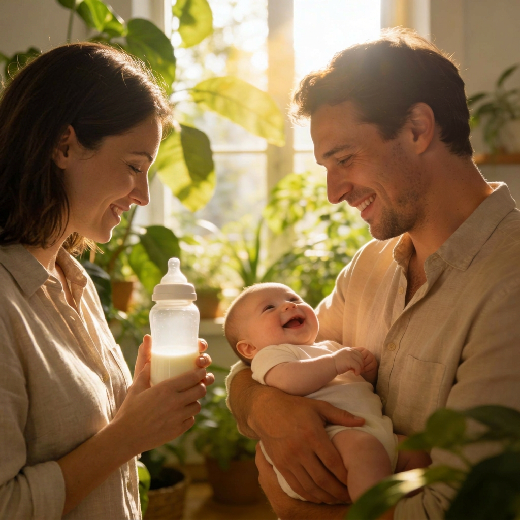 A smiling man holds a laughing baby as a woman holds a bottle of milk nearby.