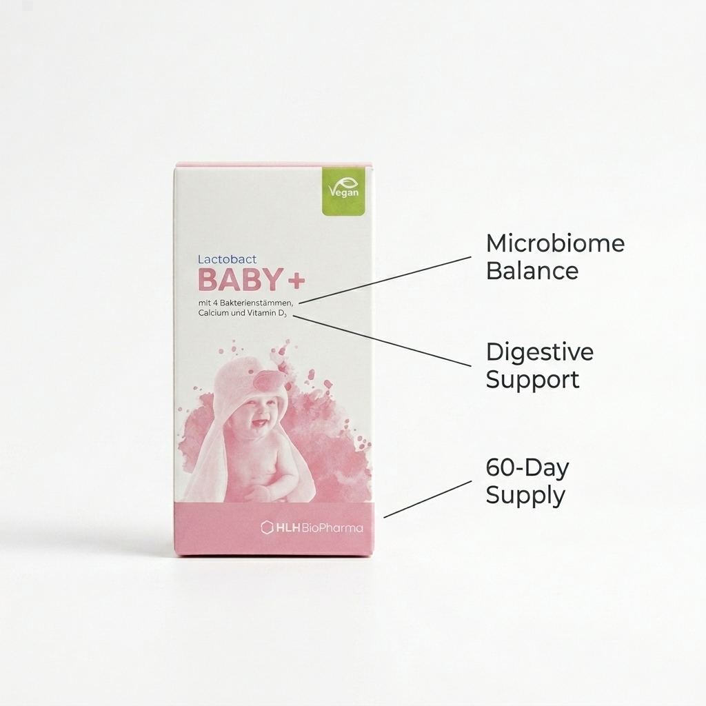 A woman feeds a baby from a bottle, with a box of Lactobact BABY+ on the table.