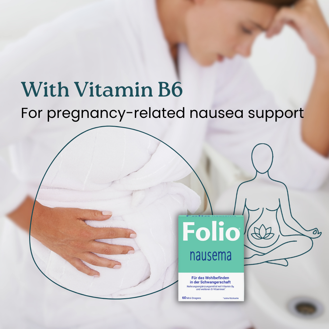 An ad for Folio nausema showing a distressed pregnant woman in a bathrobe and the product box.