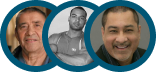 Three men in circular frames, one in black and white.