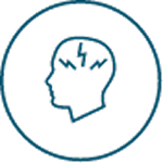 Outline of a head with lightning bolts inside, symbolizing a headache.