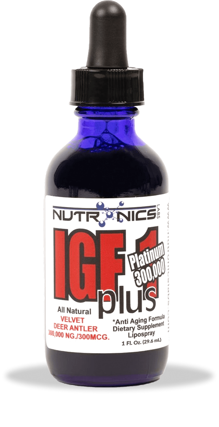 A bottle of Nutronics IGF-1 Plus dietary supplement with a dropper cap.