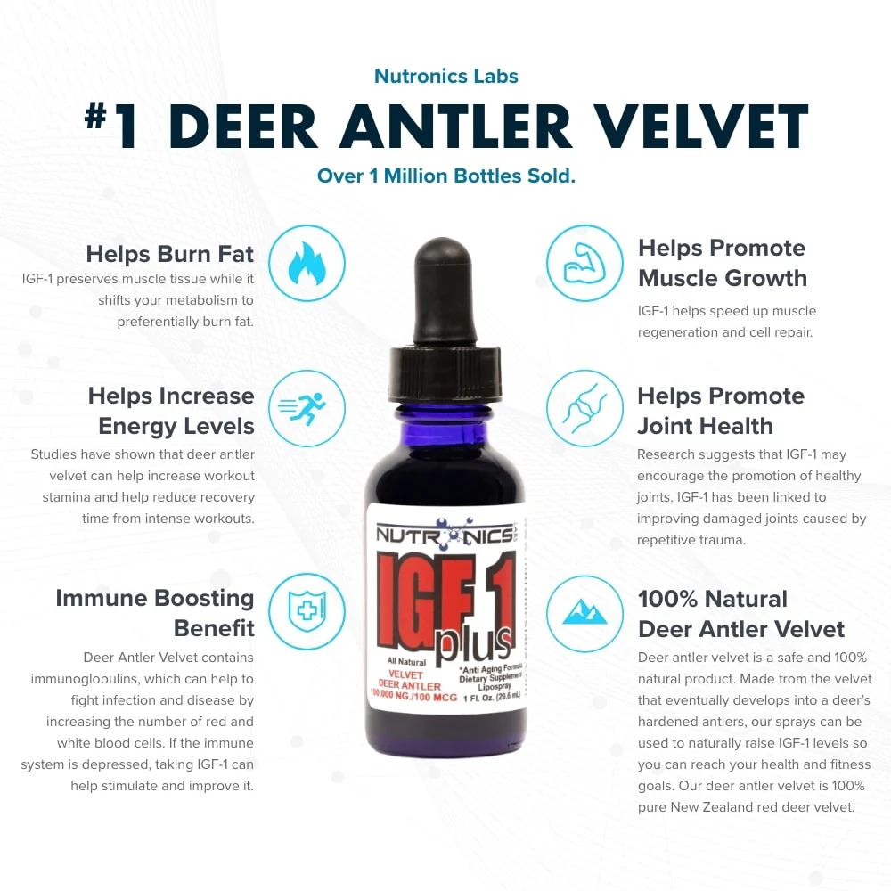 Deer antler velvet supplement bottle with benefits listed around it.