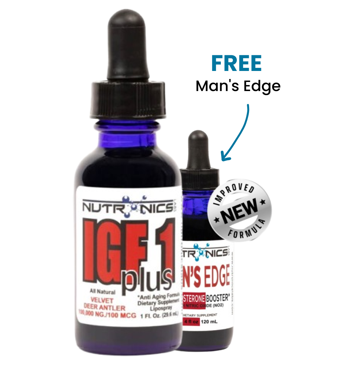 Two supplement bottles with droppers, labeled IGF1 Plus and Men's Edge, on a white background.