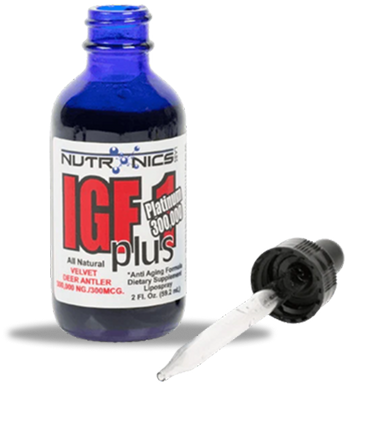 Blue bottle labeled 'IGF-1 Plus' with a dropper beside it.