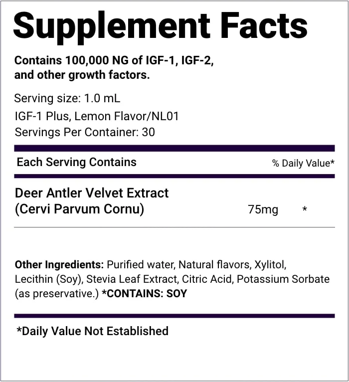 Supplement facts label for IGF-1 Plus with deer antler velvet extract.