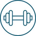 Icon of a dumbbell inside a circle, symbolizing fitness or exercise.