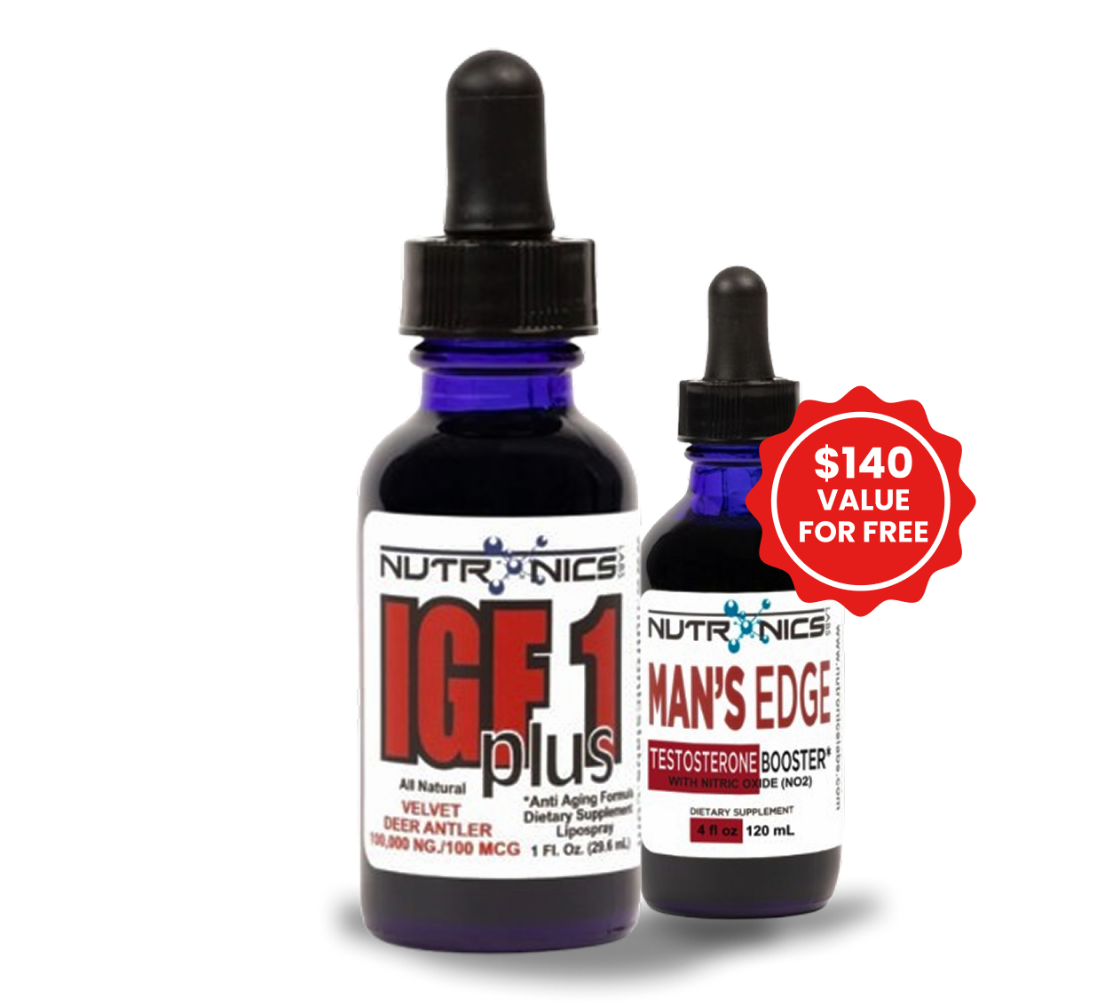 Two supplement bottles with droppers, labeled IGF1 Plus and Man's Edge.