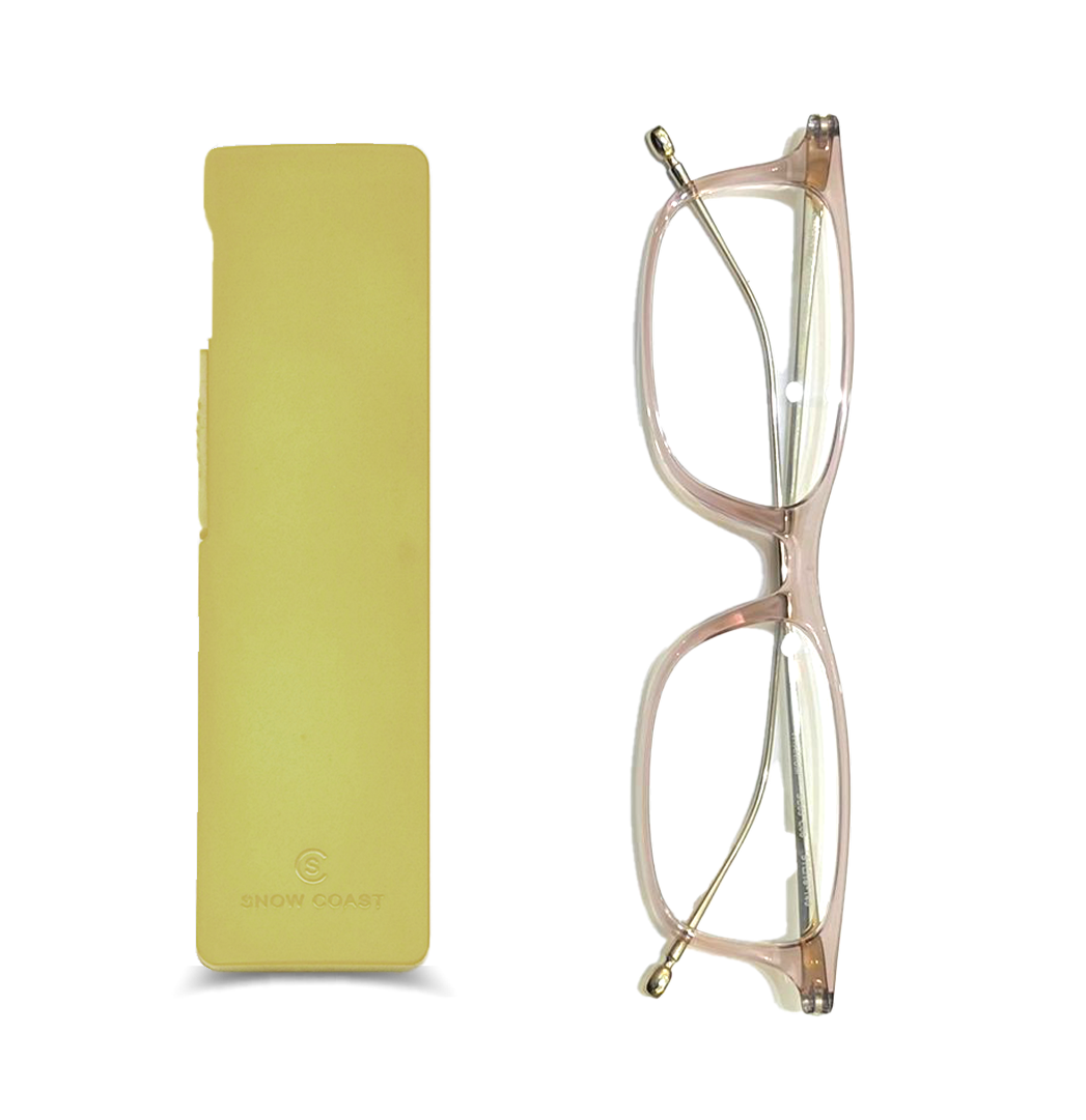 Yellow glasses case next to transparent pink eyeglasses.