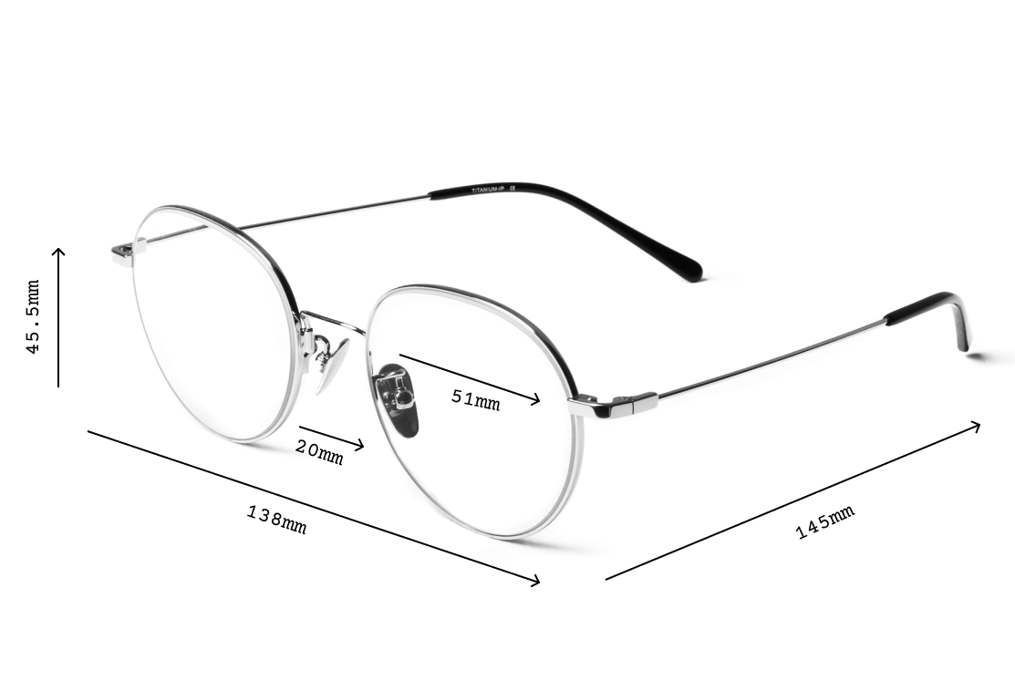 Silver wireframe eyeglasses with measurements labeled on each part.